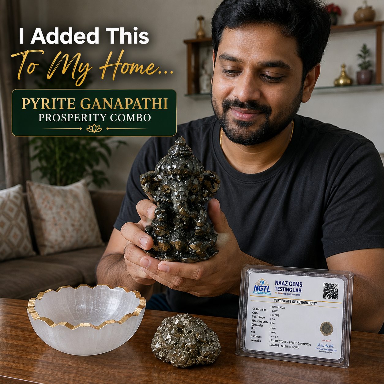 Pyrite Ganapathi Combo β Pyrite Ganesha Statue + Raw Pyrite Stone + Selenite Charging Bowl | Wealth & Abundance Set with Certificate