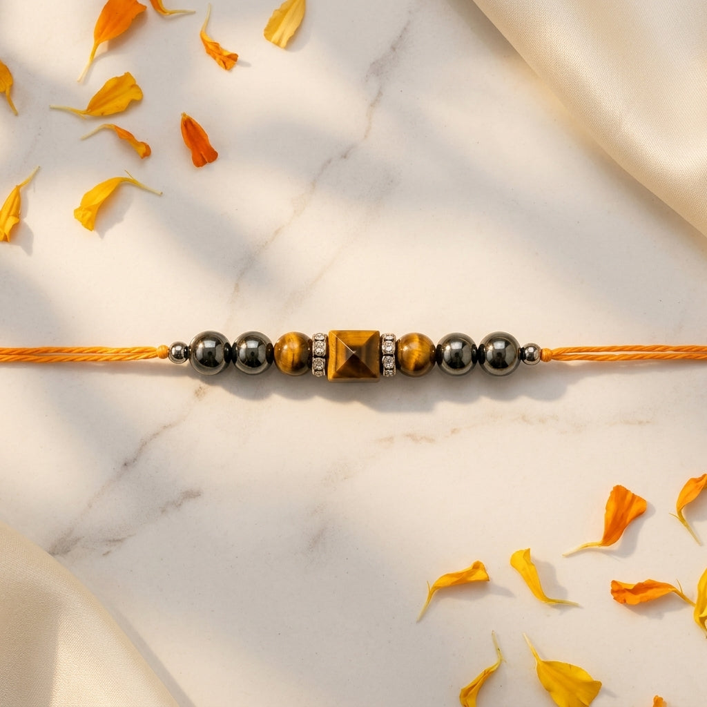 Tiger Eye Pyramid Rakhi with Hematite – Gemstone-Inspired Gift – Good Habiitss