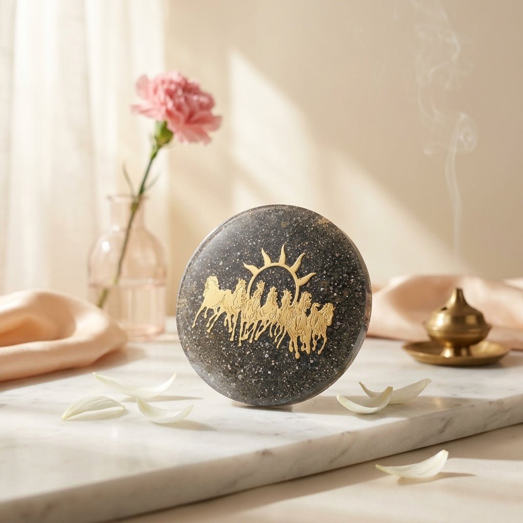 Pyrite Orgonite 7 Horse Success & Wealth Yantra Plate - GOOD HABITSS