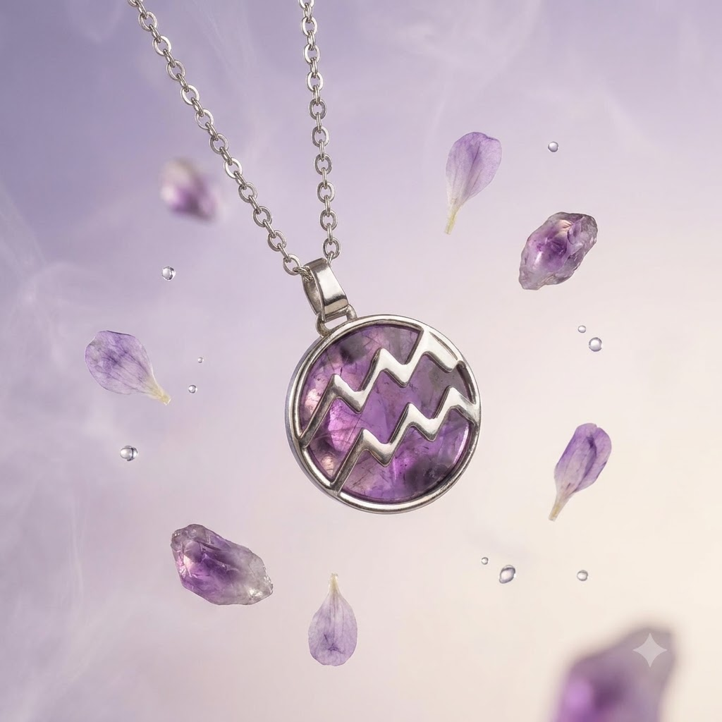 Aquarius (Kumbh) Zodiac Pendant – Amethyst Crystal Necklace – Good Habiitss