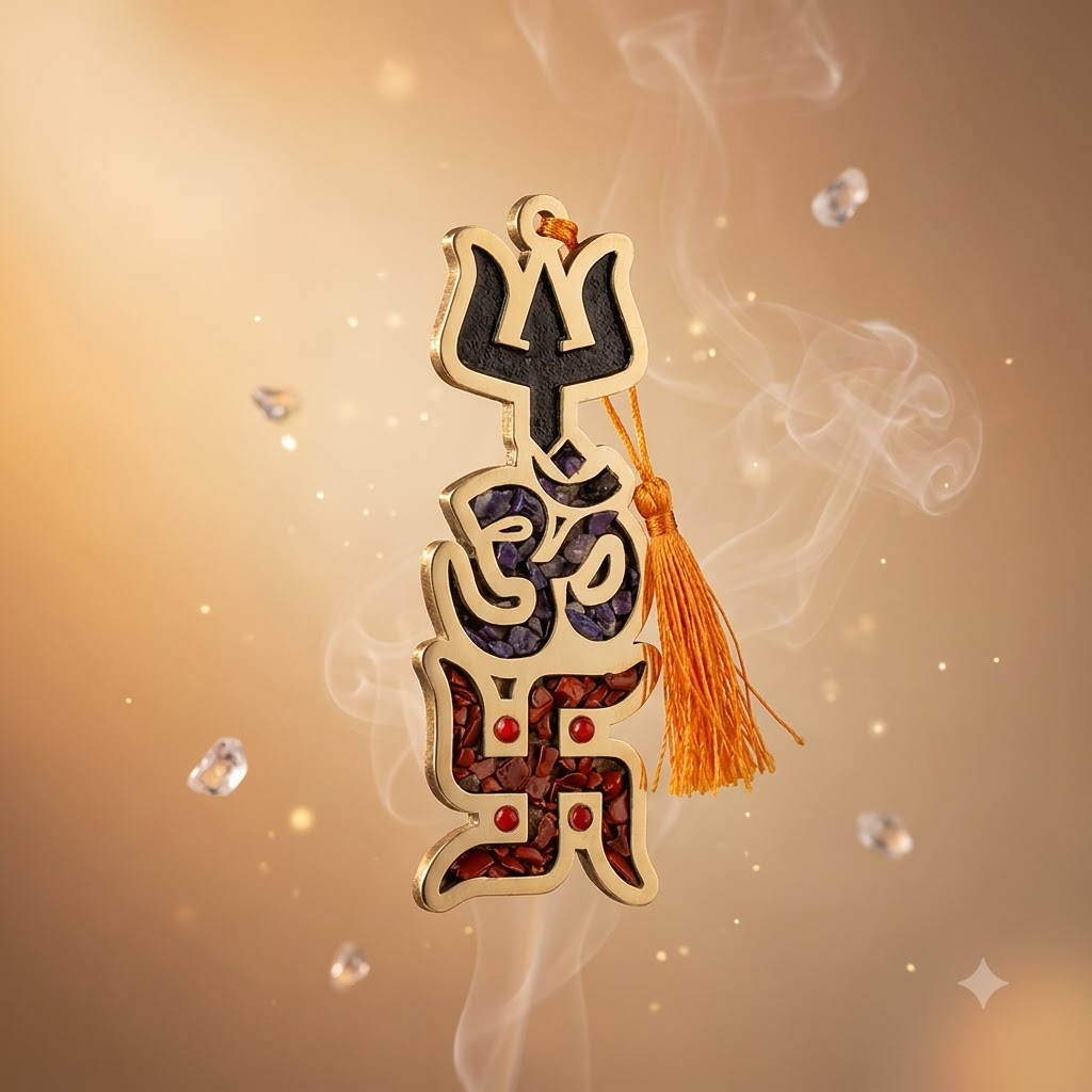 Trishul Om Swastik Crystal Wall Hanging – Traditional Symbol Décor – Good Habiitss