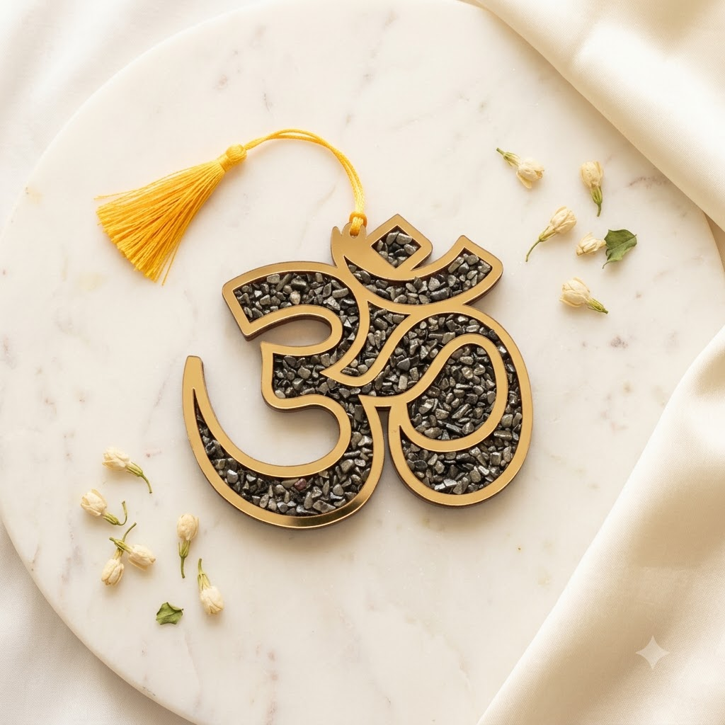 Pyrite Om Wall & Car Hanging – Traditional Symbol Décor – Good Habiitss