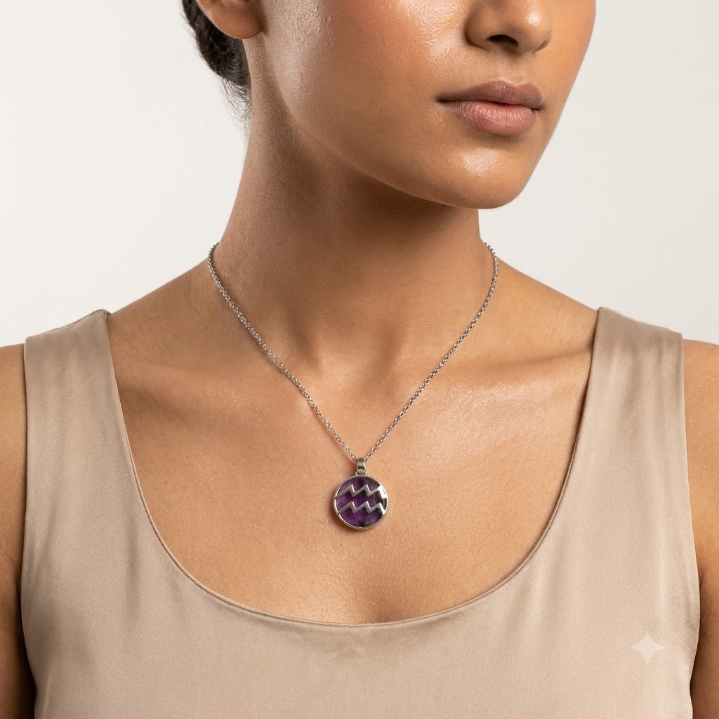 Aquarius (Kumbh) Zodiac Pendant – Amethyst Crystal Necklace – Good Habiitss