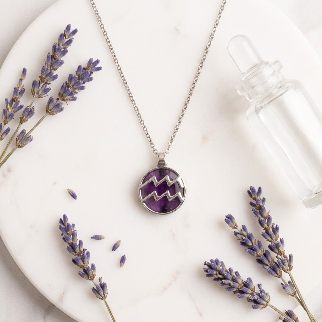 Aquarius (Kumbh) Zodiac Pendant – Amethyst Crystal Necklace – Good Habiitss