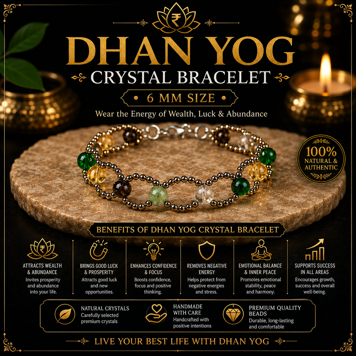 Dhan Yog Crystal Bracelet – 6mm Natural Gemstone Jewellery – Good Habiitss