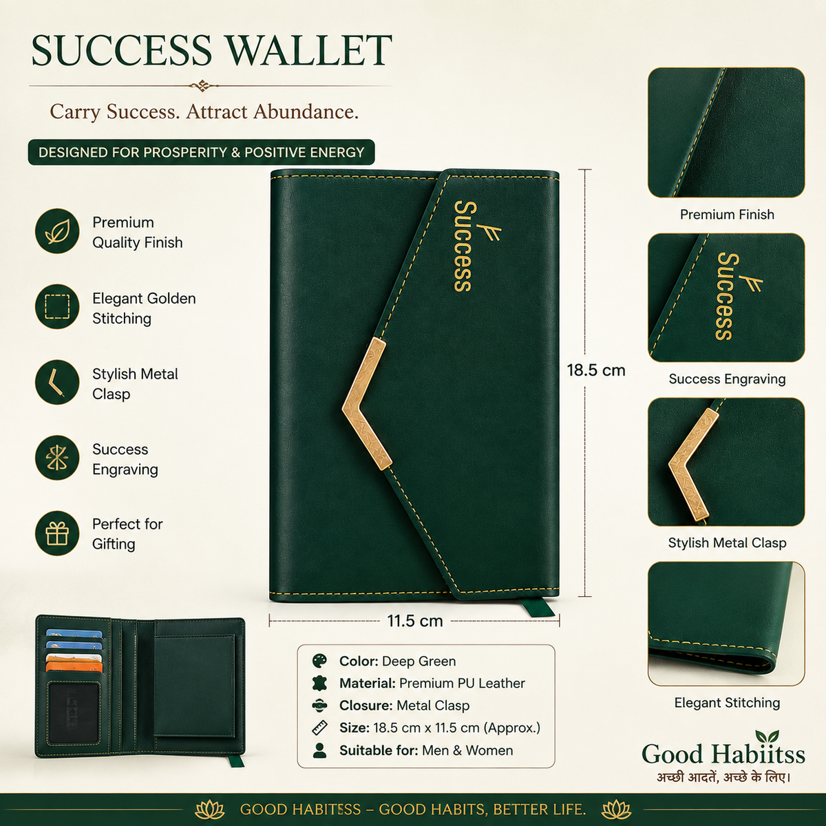 Success Green Vegan-Leather Long Wallet – Premium Lifestyle Accessory – Good Habiitss