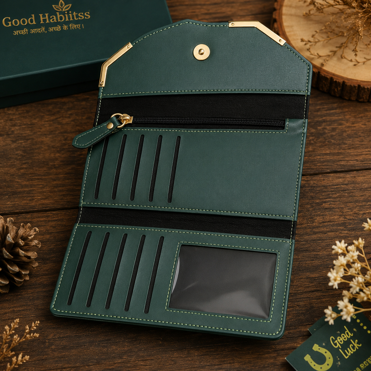 Success Green Vegan-Leather Long Wallet – Premium Lifestyle Accessory – Good Habiitss