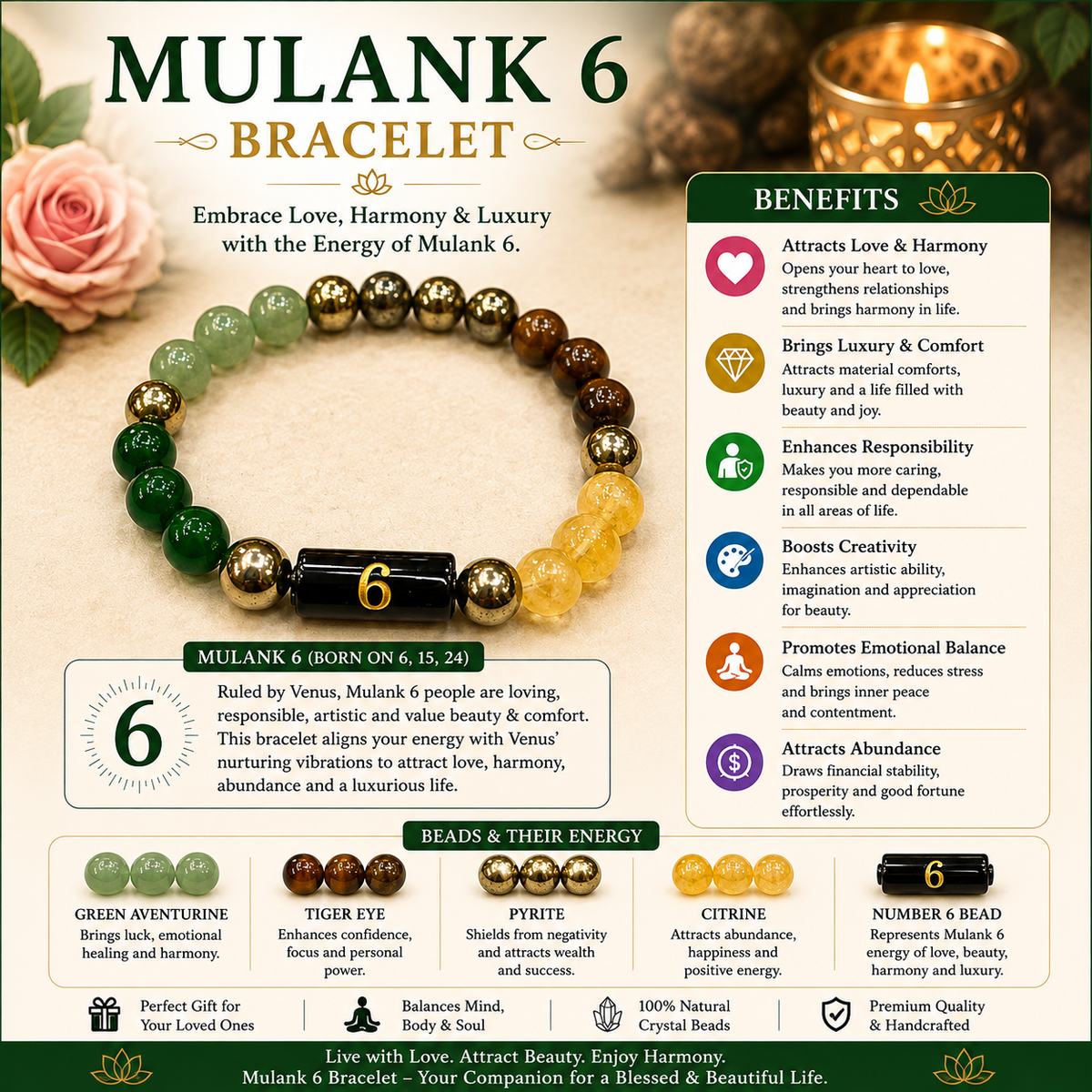 Mulank 6 Bracelet – Natural Crystal Numerology Jewellery – Good Habiitss