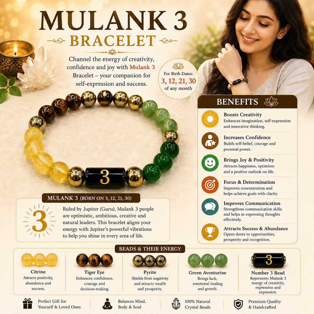 Mulank 3 Bracelet – Natural Crystal Numerology Jewellery – Good Habiitss