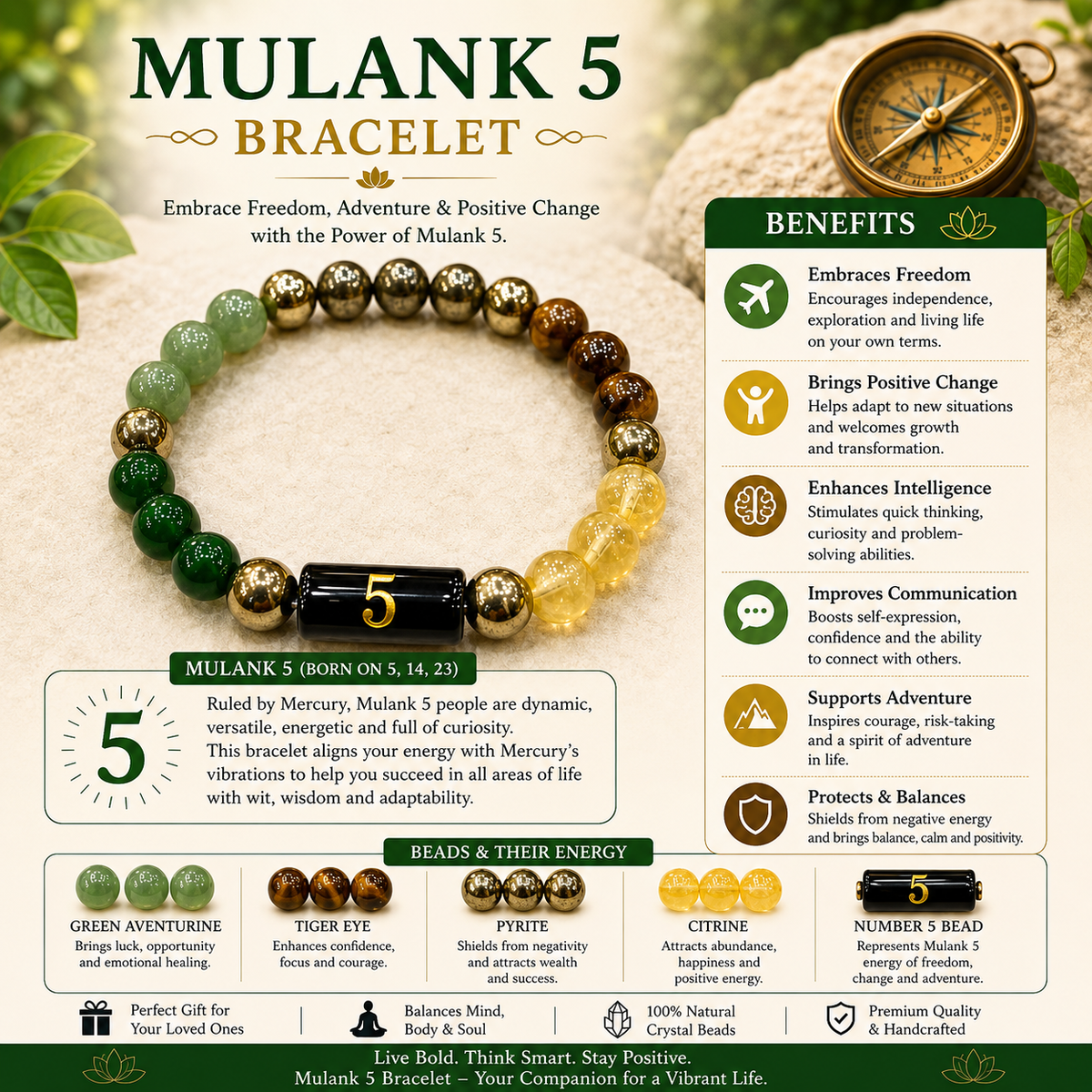 Mulank 5 Bracelet – Natural Crystal Numerology Jewellery – Good Habiitss
