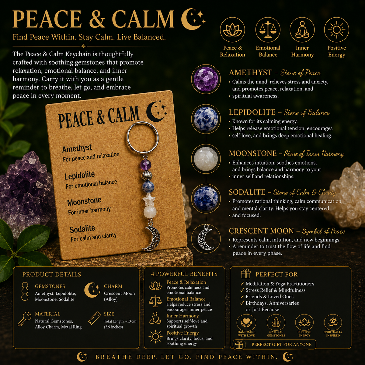 Peace & Calm Crystal Keychain – Gemstone-Inspired Accessory – Good Habiitss