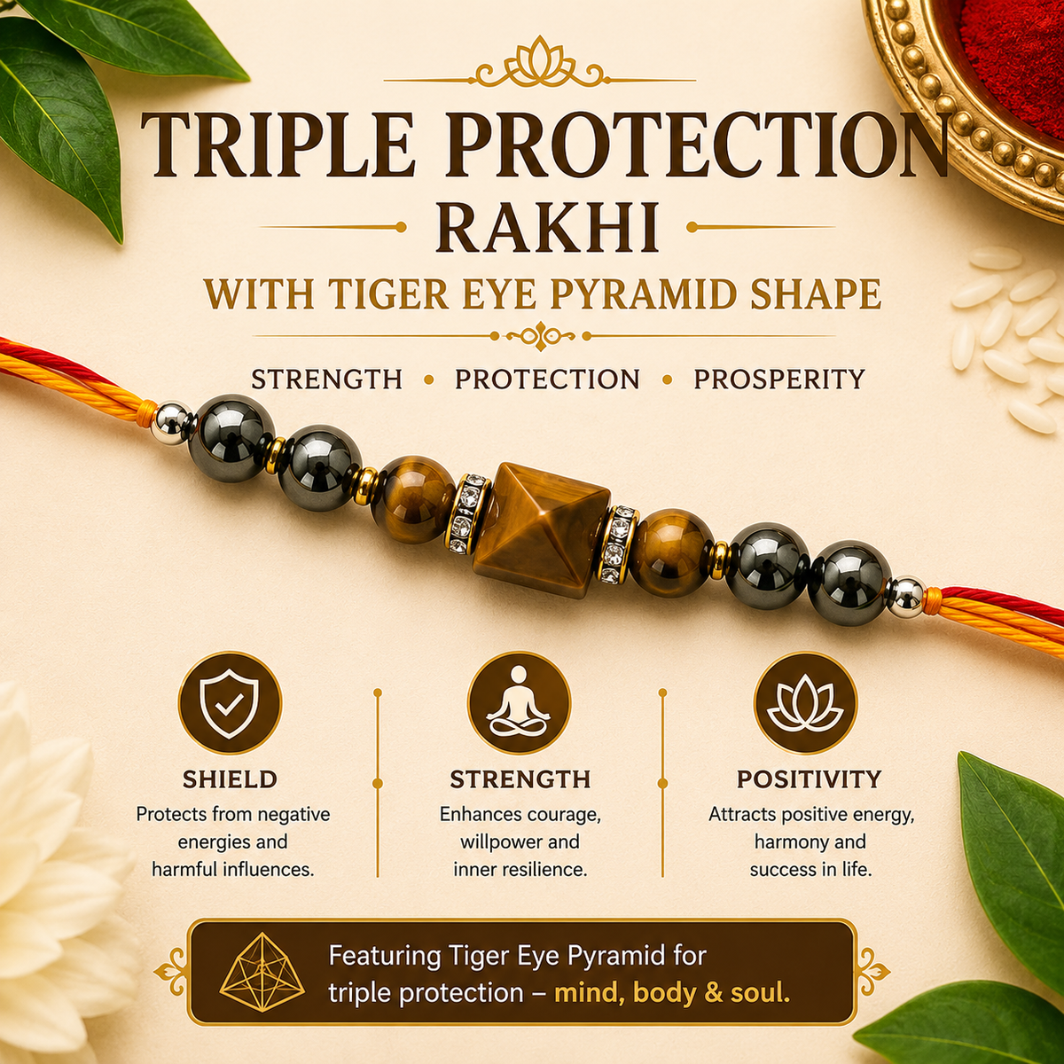 Tiger Eye Pyramid Rakhi with Hematite – Gemstone-Inspired Gift – Good Habiitss