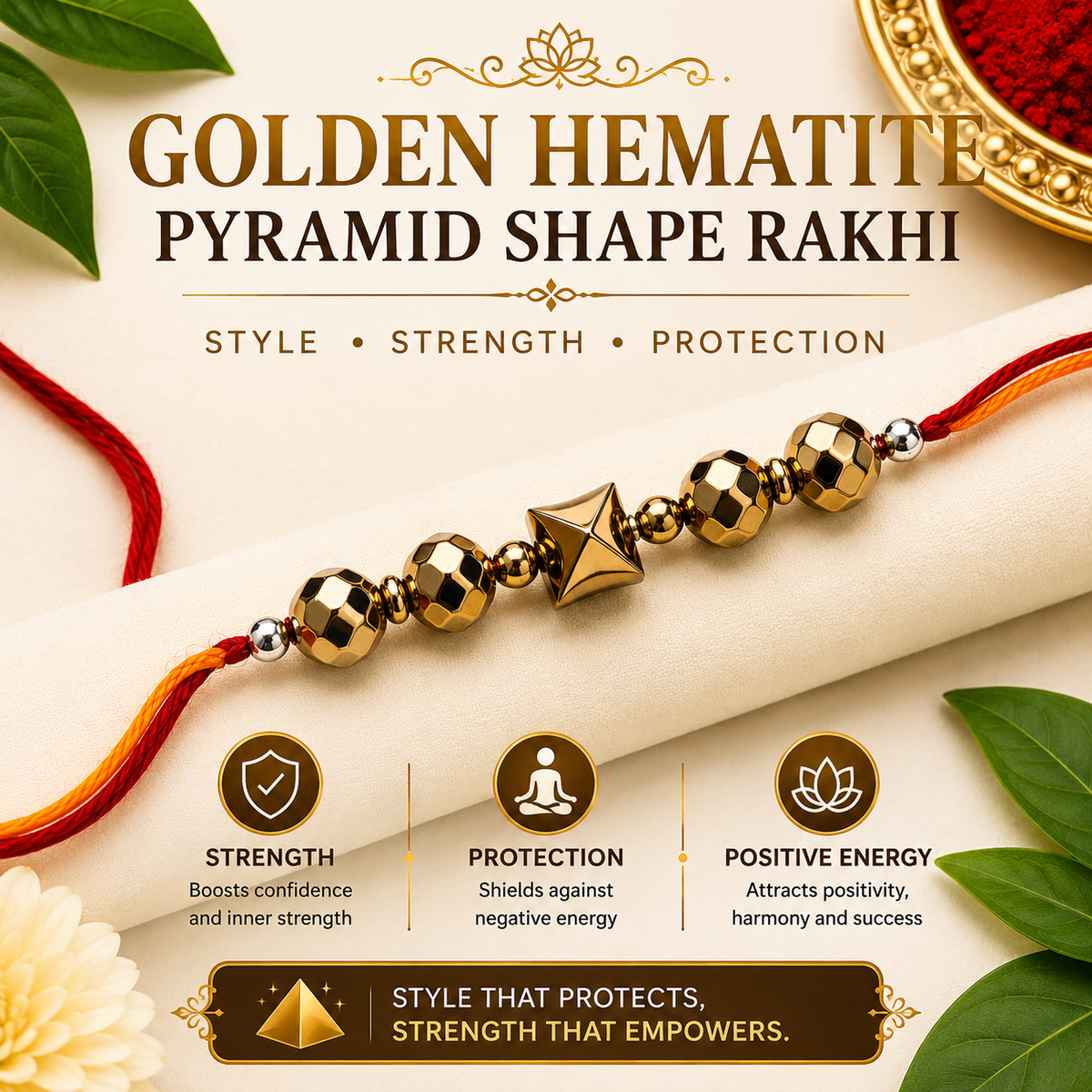 Golden Hematite Pyramid Rakhi – Geometric Raksha Bandhan Gift – Good Habiitss