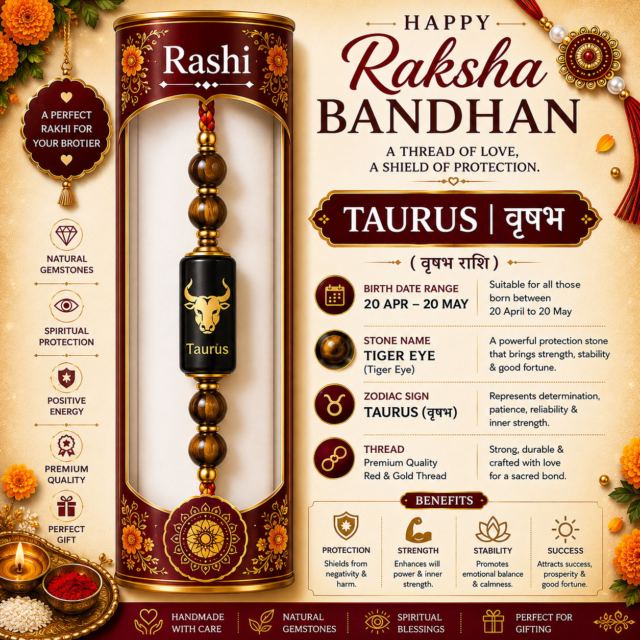 Taurus Rashi Rakhi | Tiger Eye
