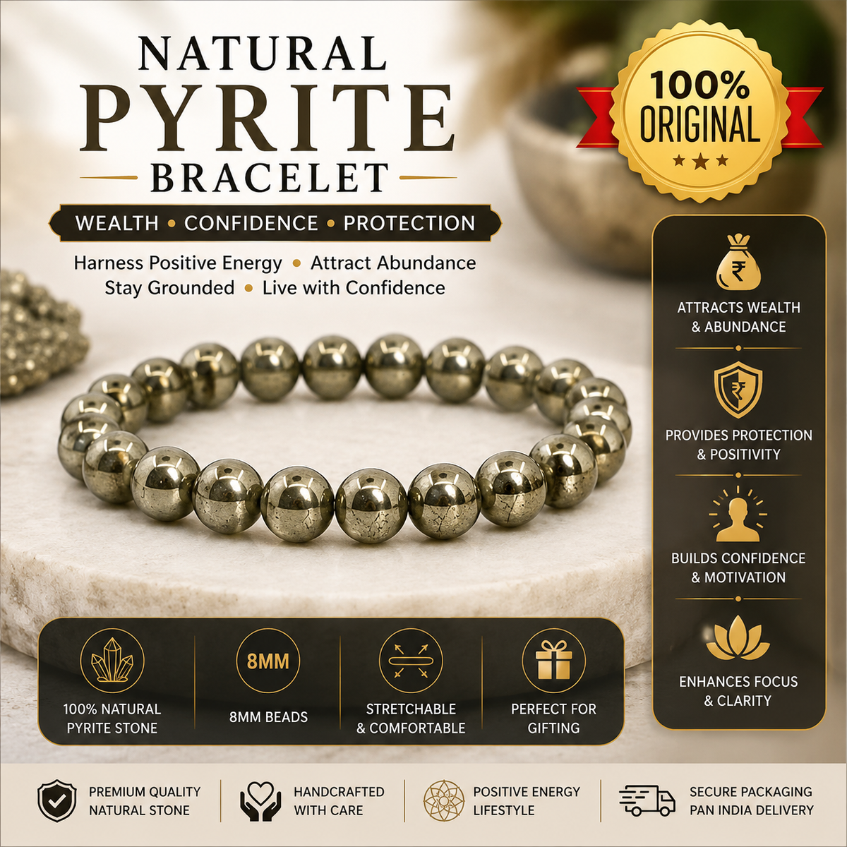 Natural Pyrite Bracelet – 8mm Gemstone Jewellery – Good Habiitss