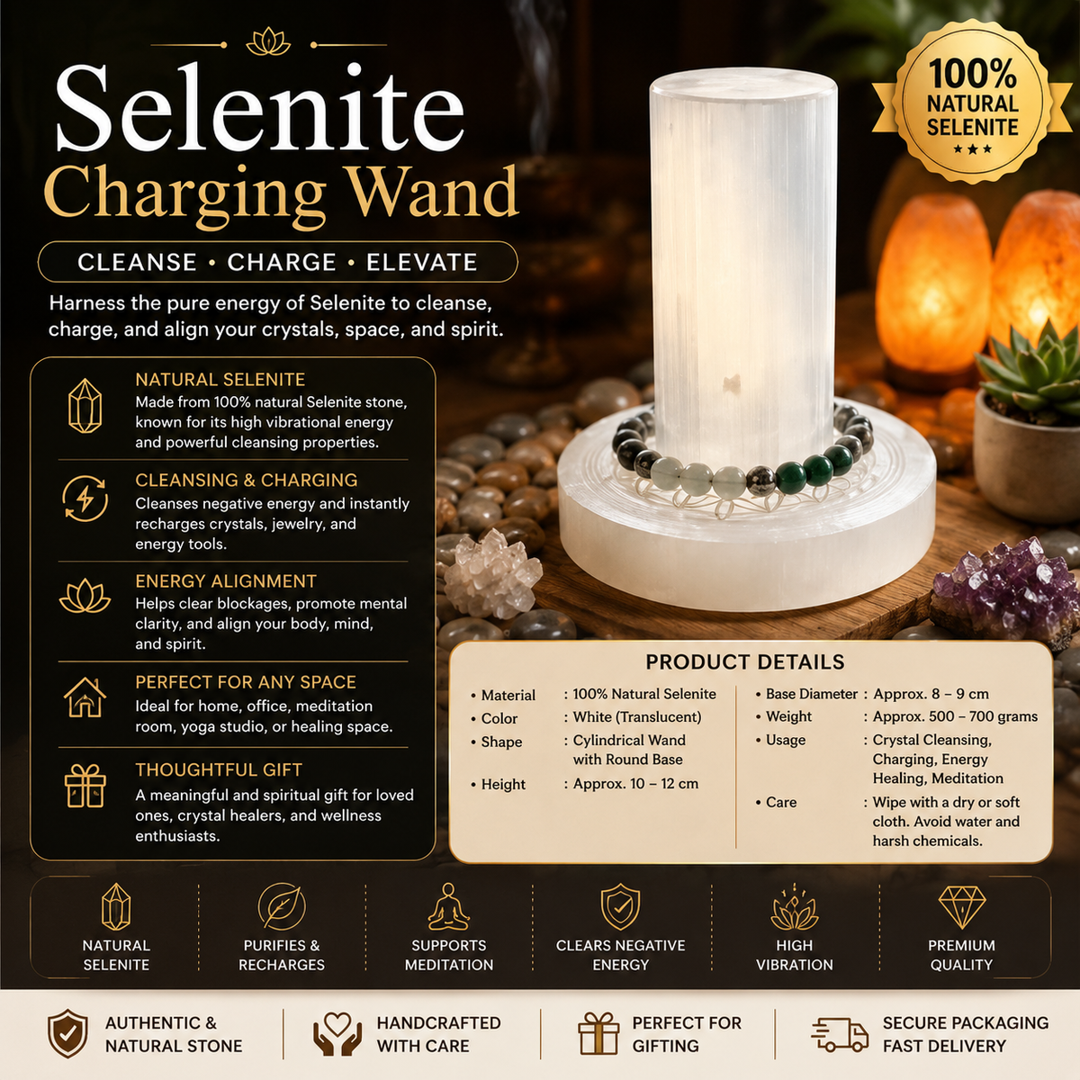 Selenite Charging Wand – Natural Crystal Décor – Good Habiitss