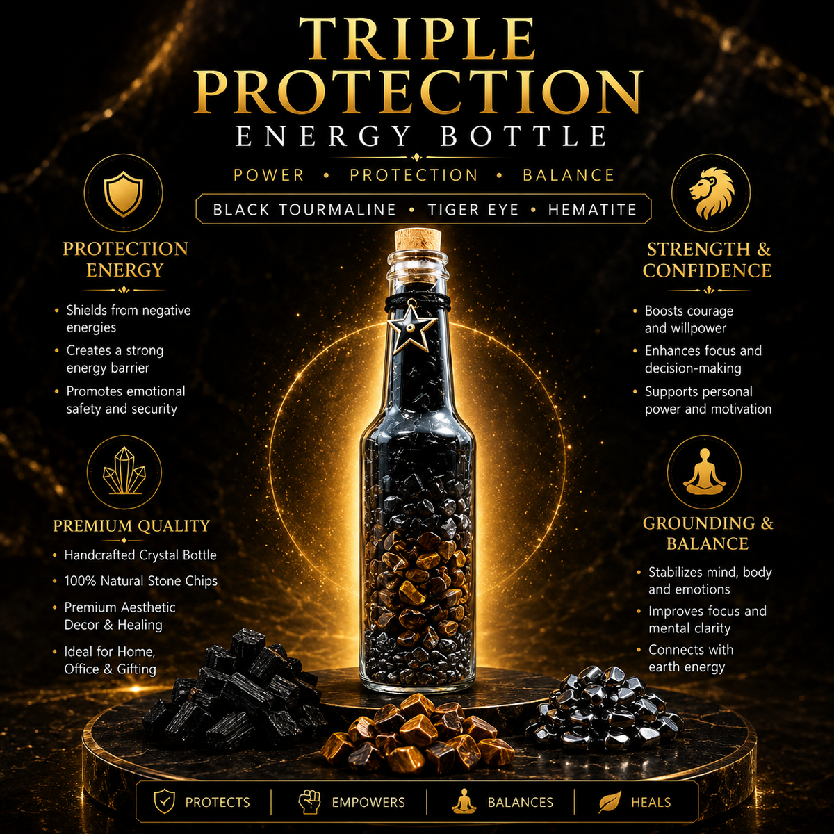 Triple Protection Crystal Bottle – Black Tourmaline, Tiger Eye & Hematite – Good Habiitss