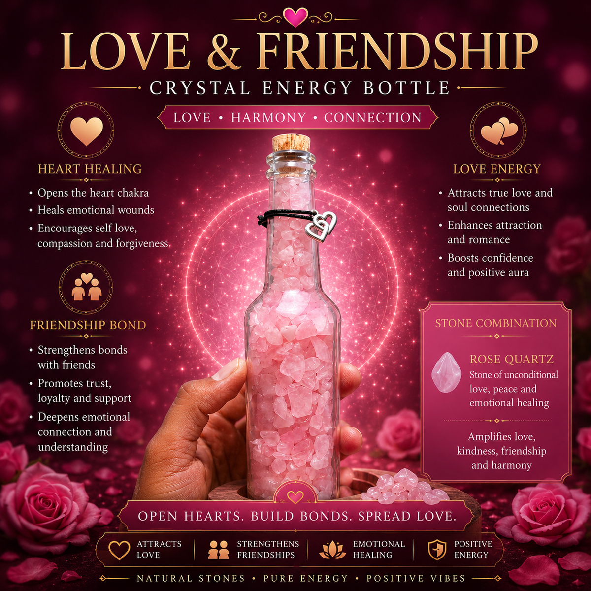 Love & Friendship Crystal Bottle – Rose Quartz-Inspired Décor – Good Habiitss