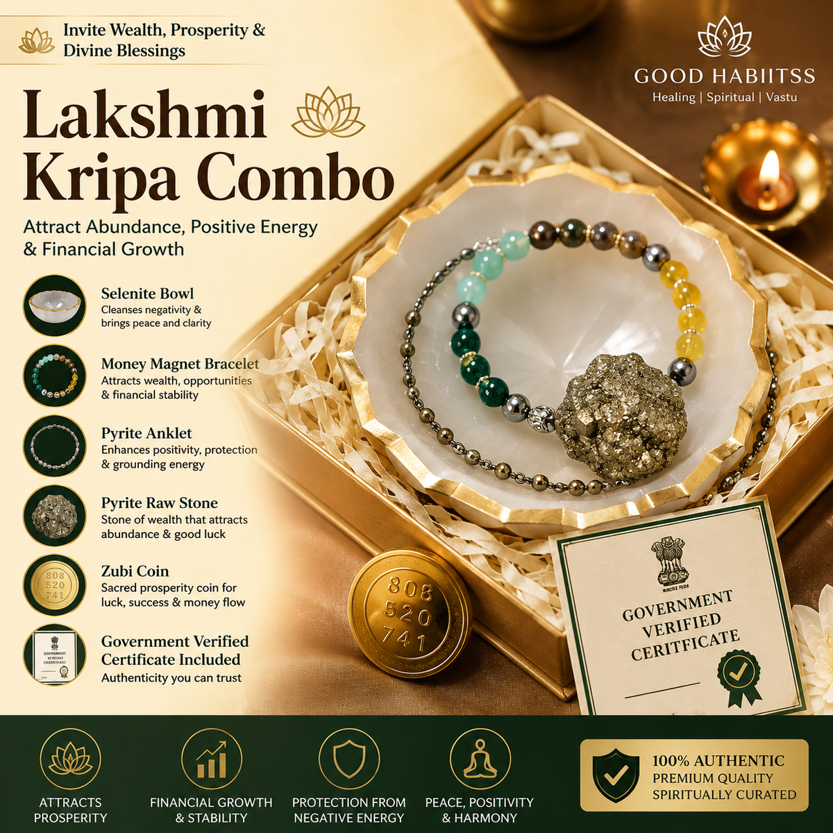 Lakshmi Kripa Combo – Selenite, Pyrite & Gemstone Gift Set – Good Habiitss