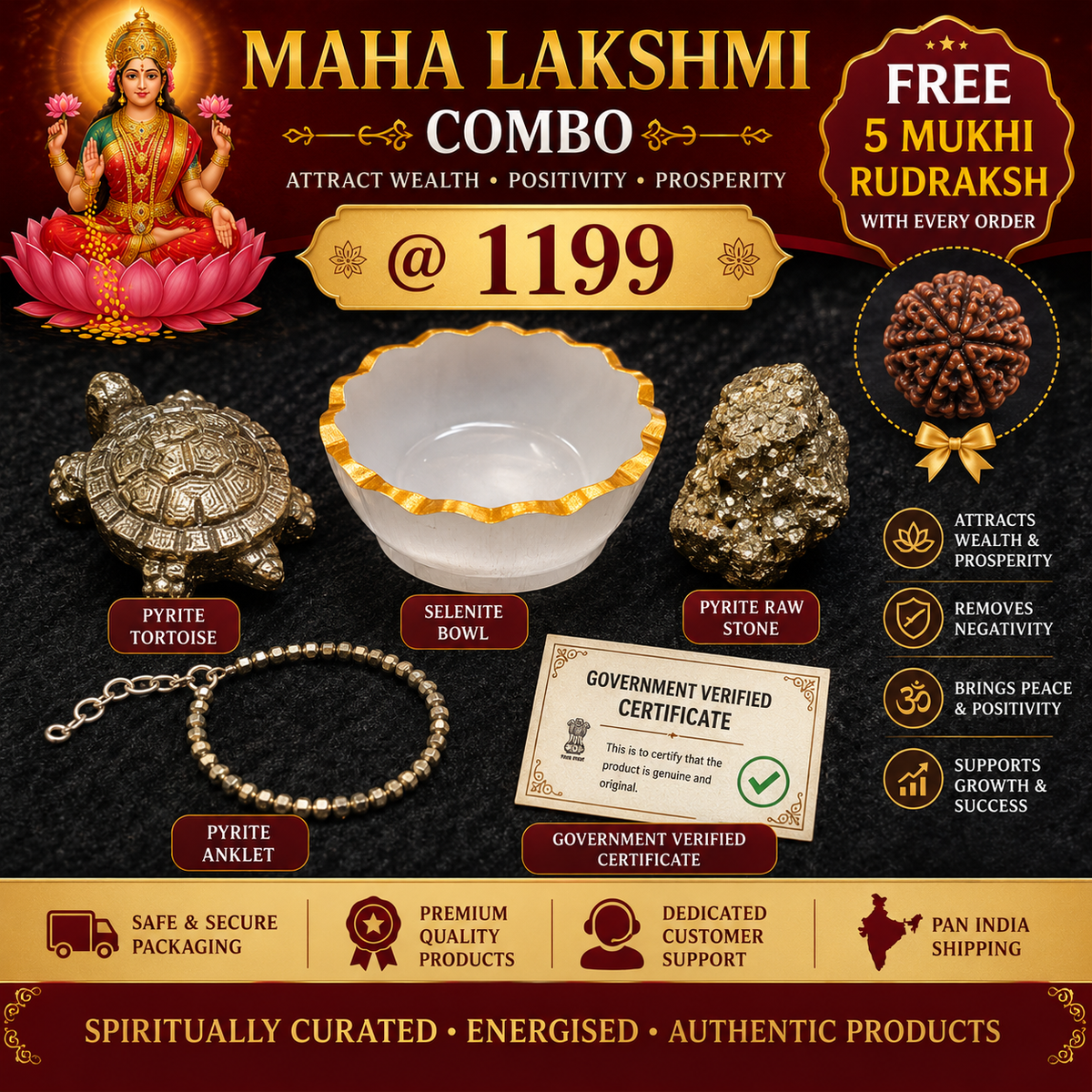 Maha Lakshmi Combo – Pyrite, Selenite & 5 Mukhi Rudraksha Gift Set – Good Habiitss