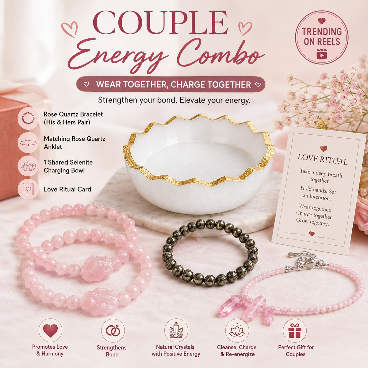 Couple Crystal Jewellery Gift Set – Rose Quartz, Pyrite & Selenite – Good Habiitss