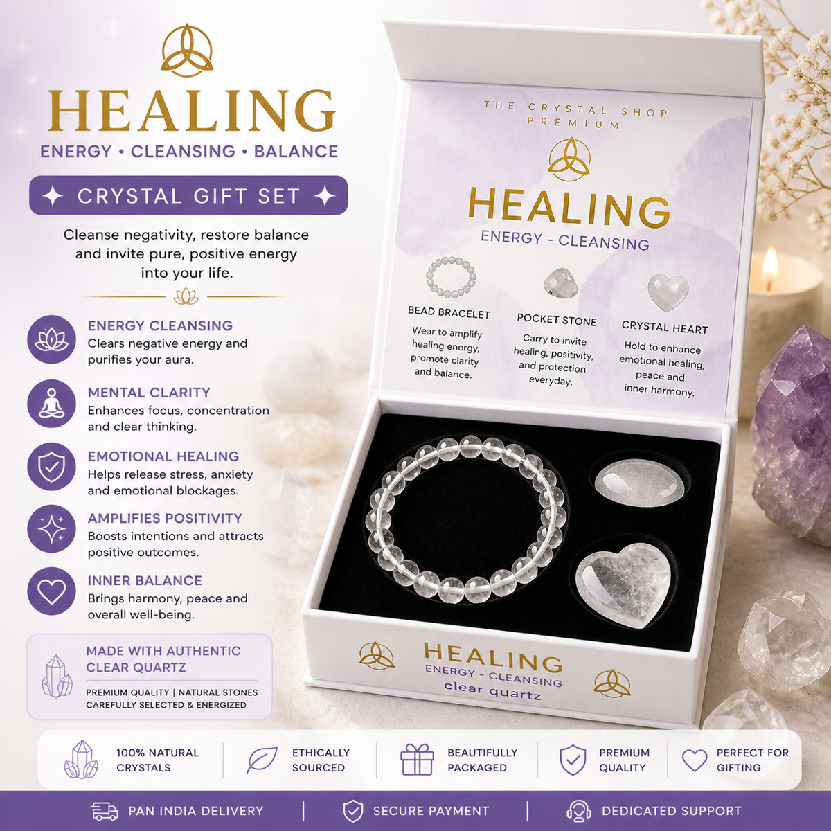 Clear Quartz Crystal Gift Set – Bracelet, Pocket Stone & Heart – Good Habiitss