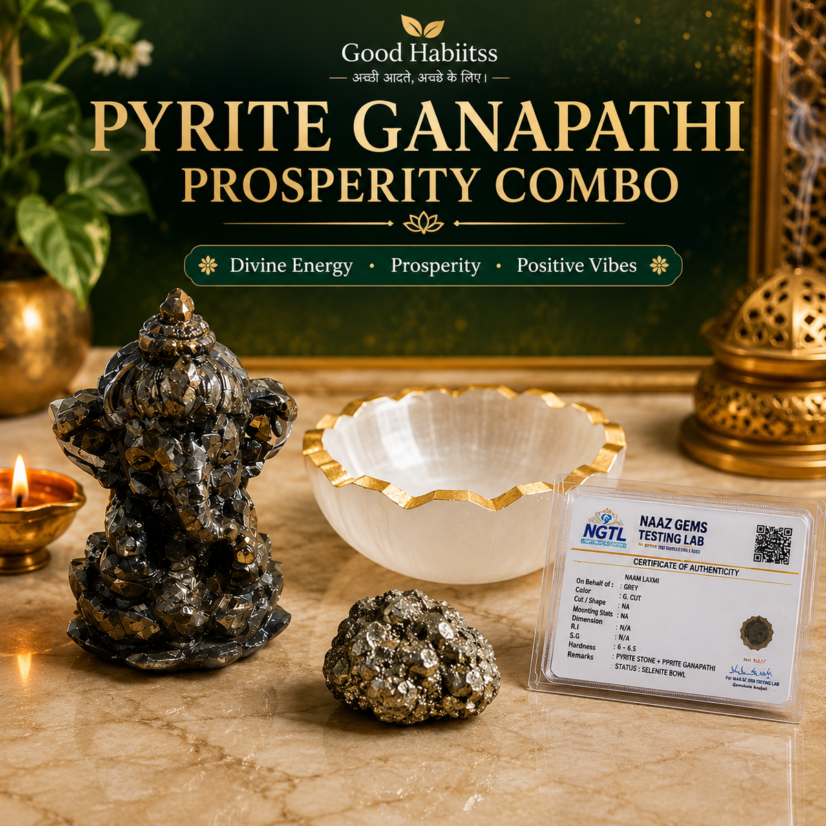 Pyrite Ganapathi Combo – Ganesha Idol, Raw Pyrite & Selenite Bowl – Good Habiitss