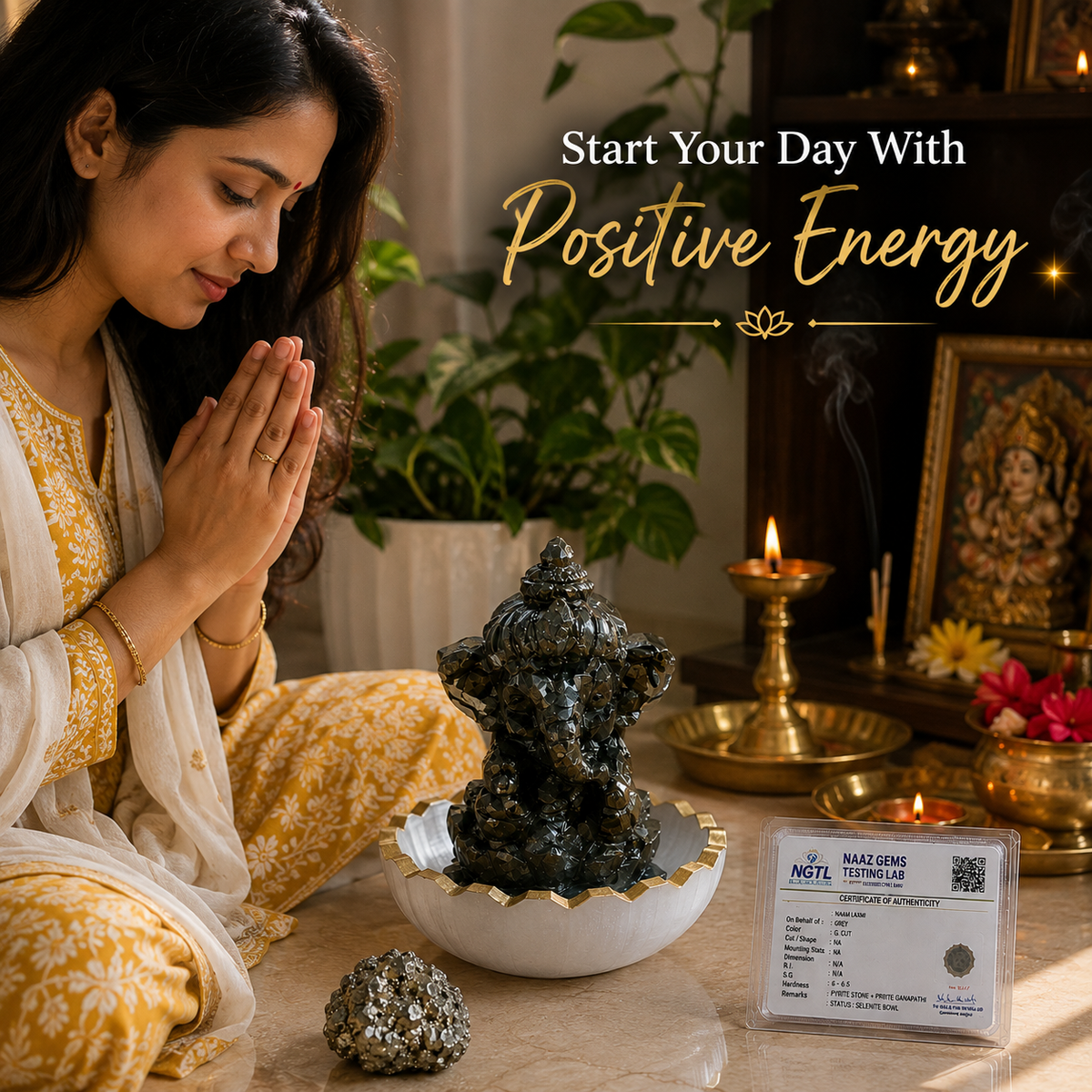 Pyrite Ganapathi Combo – Ganesha Idol, Raw Pyrite & Selenite Bowl – Good Habiitss