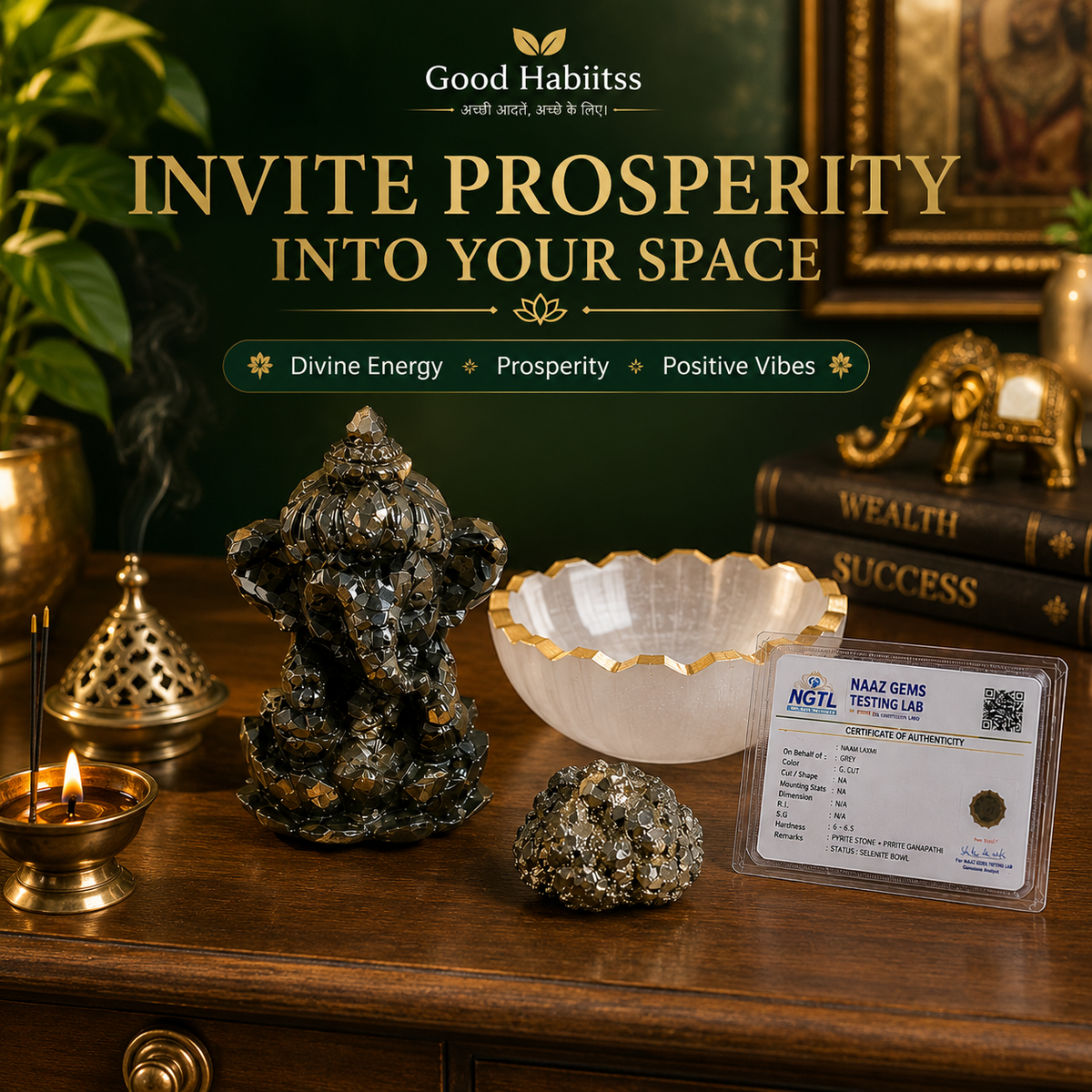 Pyrite Ganapathi Combo – Ganesha Idol, Raw Pyrite & Selenite Bowl – Good Habiitss
