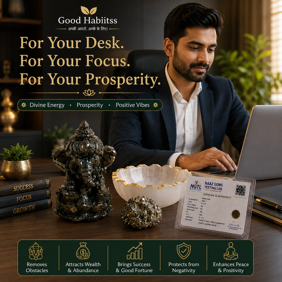 Pyrite Ganapathi Combo – Ganesha Idol, Raw Pyrite & Selenite Bowl – Good Habiitss