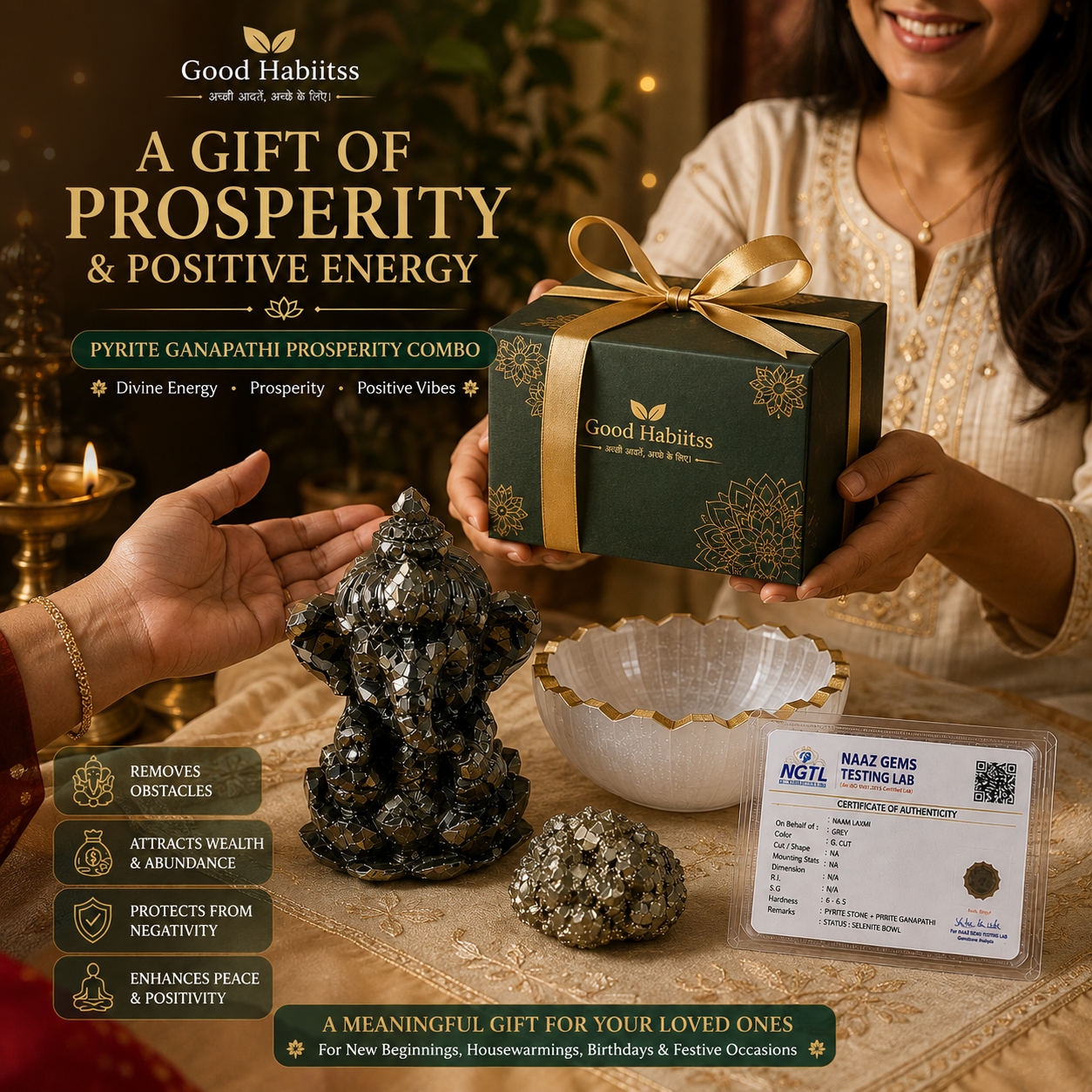 Pyrite Ganapathi Combo – Pyrite Ganesha Statue + Raw Pyrite Stone + Selenite Charging Bowl | Wealth & Abundance Set with Certificate