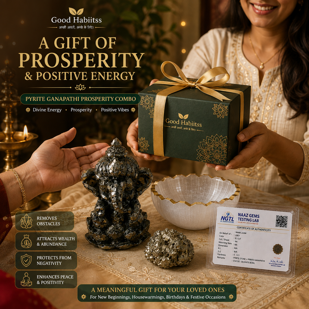 Pyrite Ganapathi Combo – Ganesha Idol, Raw Pyrite & Selenite Bowl – Good Habiitss