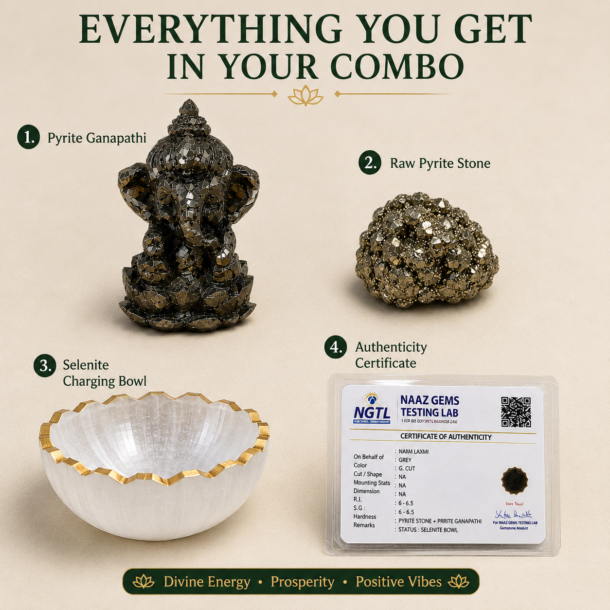 Pyrite Ganapathi Combo – Pyrite Ganesha Statue + Raw Pyrite Stone + Selenite Charging Bowl | Wealth & Abundance Set with Certificate