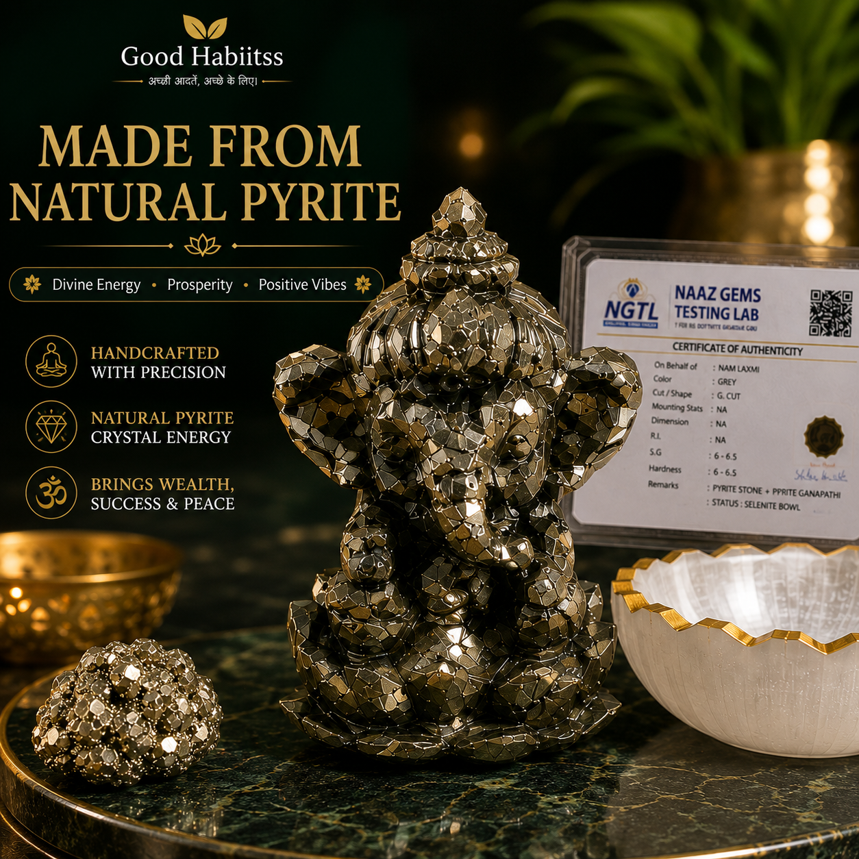 Pyrite Ganapathi Combo – Pyrite Ganesha Statue + Raw Pyrite Stone + Selenite Charging Bowl | Wealth & Abundance Set with Certificate