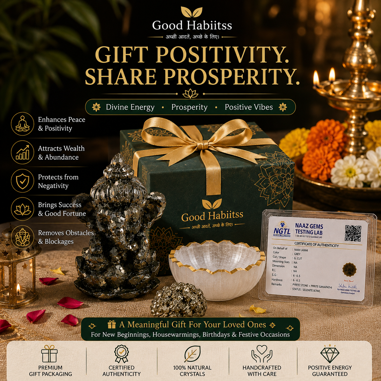Pyrite Ganapathi Combo – Pyrite Ganesha Statue + Raw Pyrite Stone + Selenite Charging Bowl | Wealth & Abundance Set with Certificate