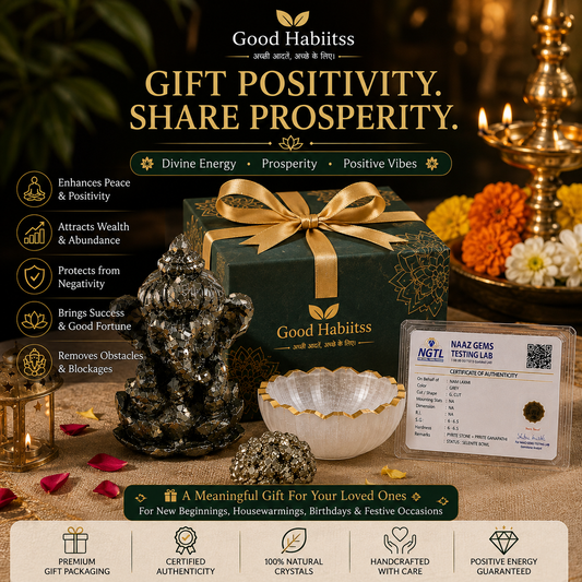 Pyrite Ganapathi Combo – Pyrite Ganesha Statue + Raw Pyrite Stone + Selenite Charging Bowl | Wealth & Abundance Set with Certificate