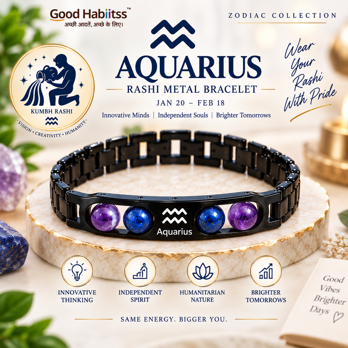 Aquarius Rashi Metal Bracelet – Premium Zodiac Jewellery