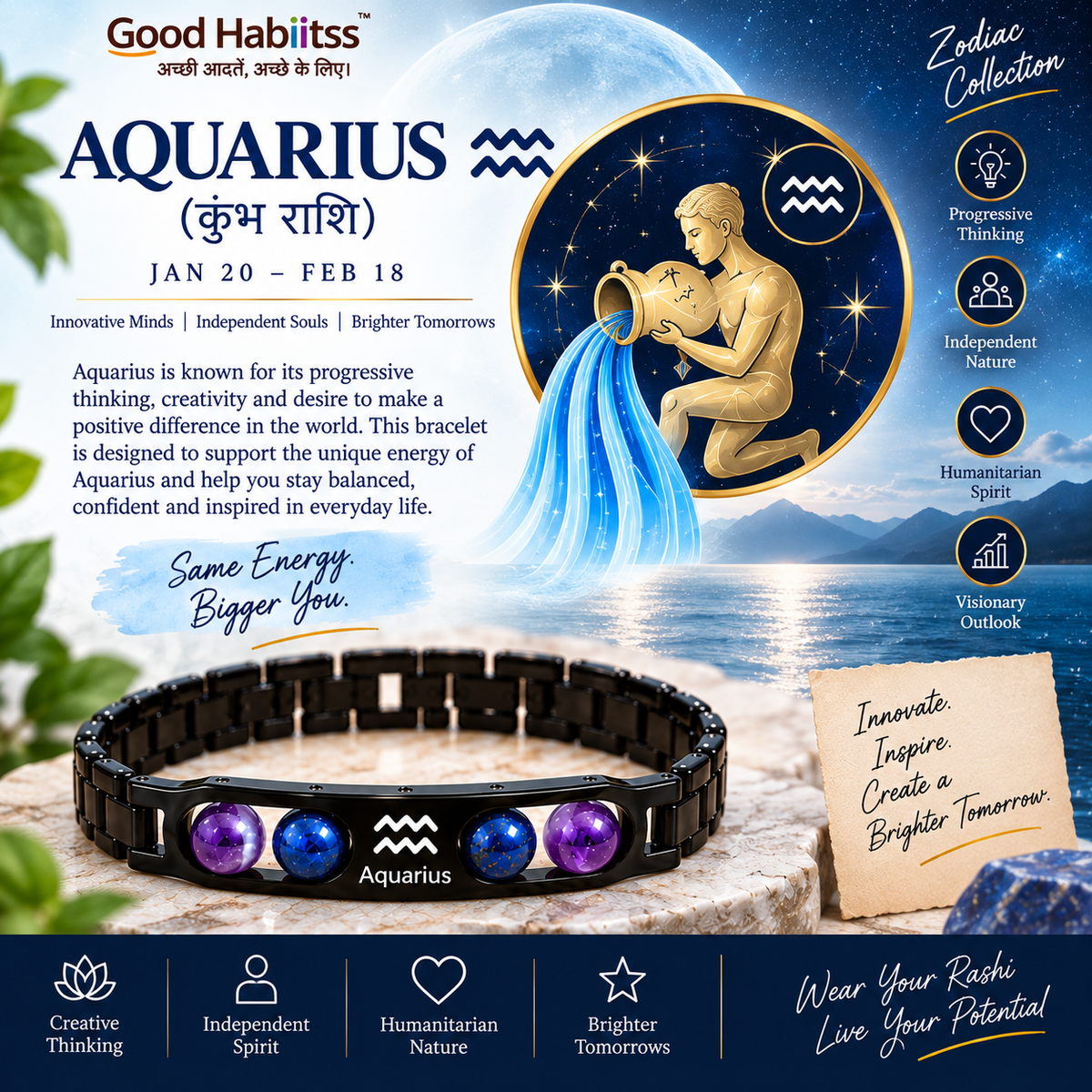 Aquarius Rashi Metal Bracelet – Premium Zodiac Jewellery