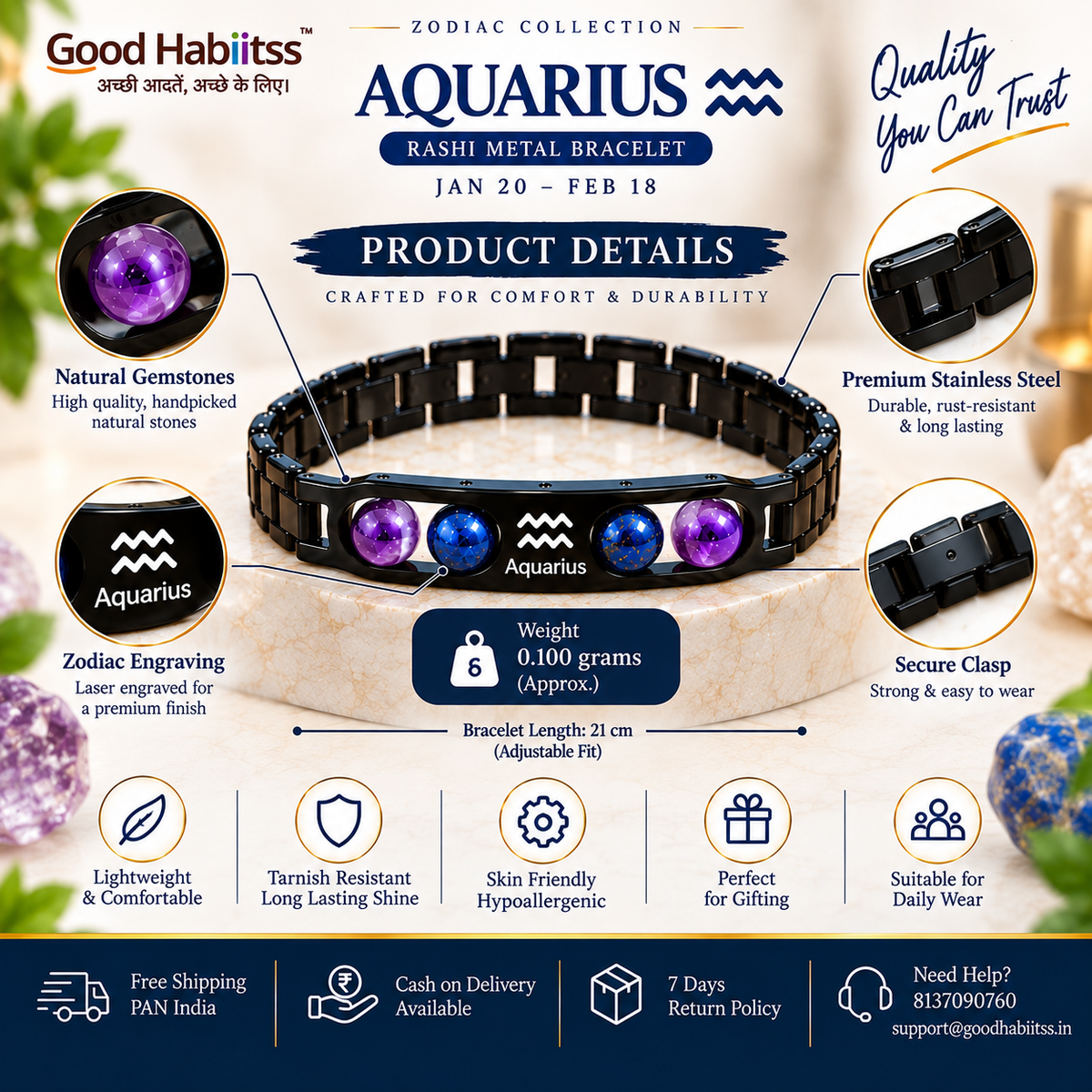 Aquarius Rashi Metal Bracelet – Premium Zodiac Jewellery