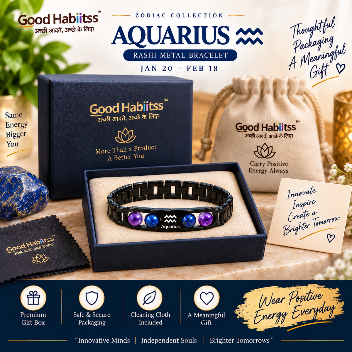 Aquarius Rashi Metal Bracelet – Premium Zodiac Jewellery