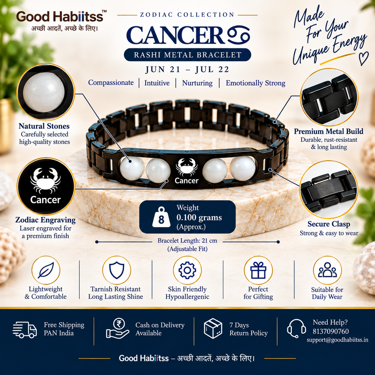 Cancer Rashi Metal Bracelet – Premium Zodiac Jewellery