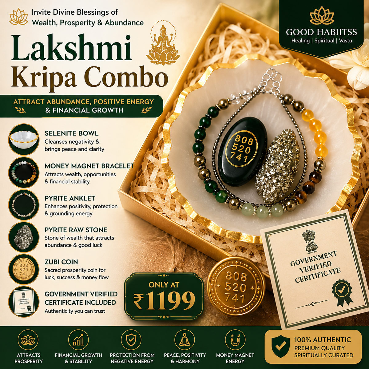 Lakshmi Kripa Combo – Selenite, Pyrite & Gemstone Gift Set – Good Habiitss