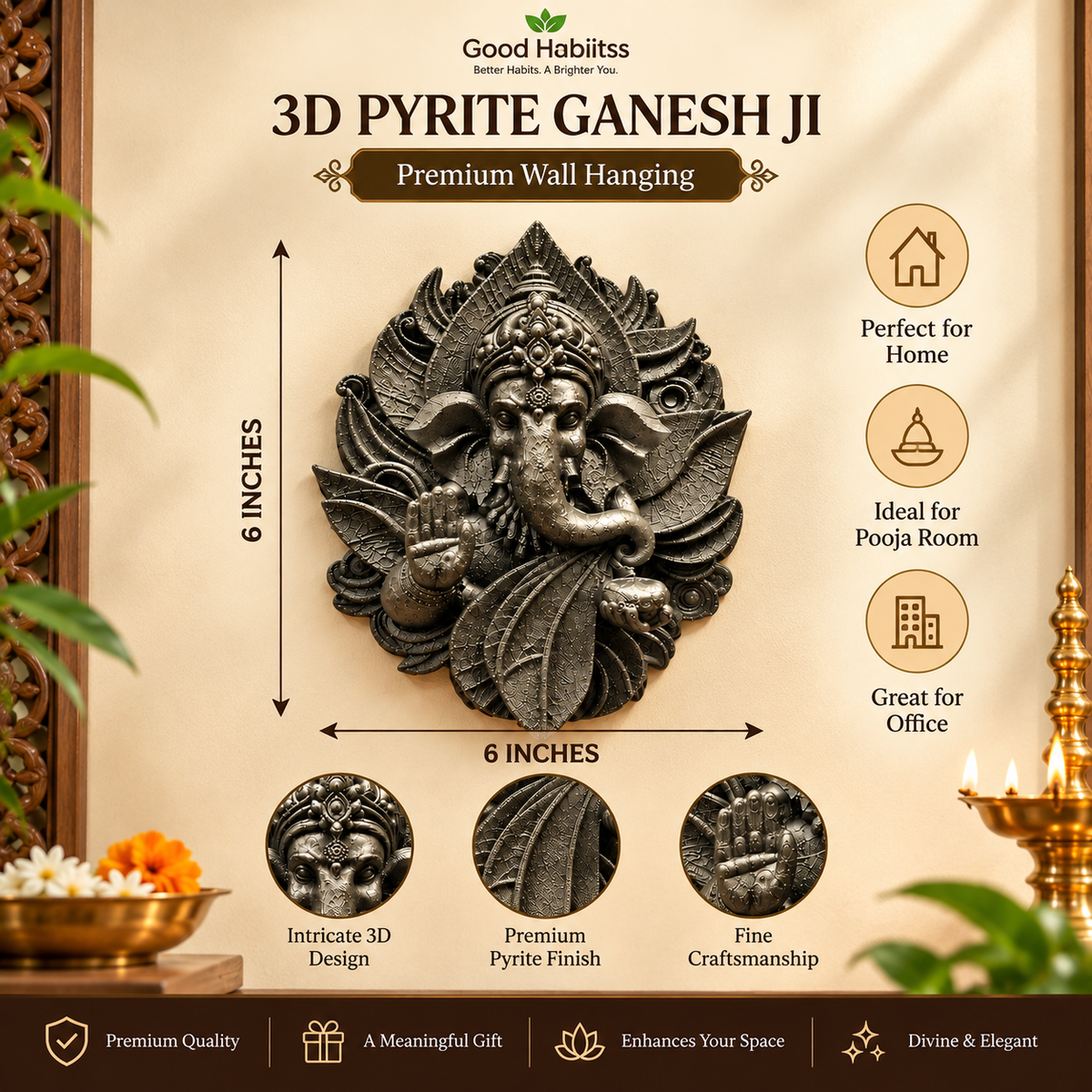 3D Pyrite Ganesh Ji Premium Wall Hanging – 6 Inch Decorative Art – Good Habiitss