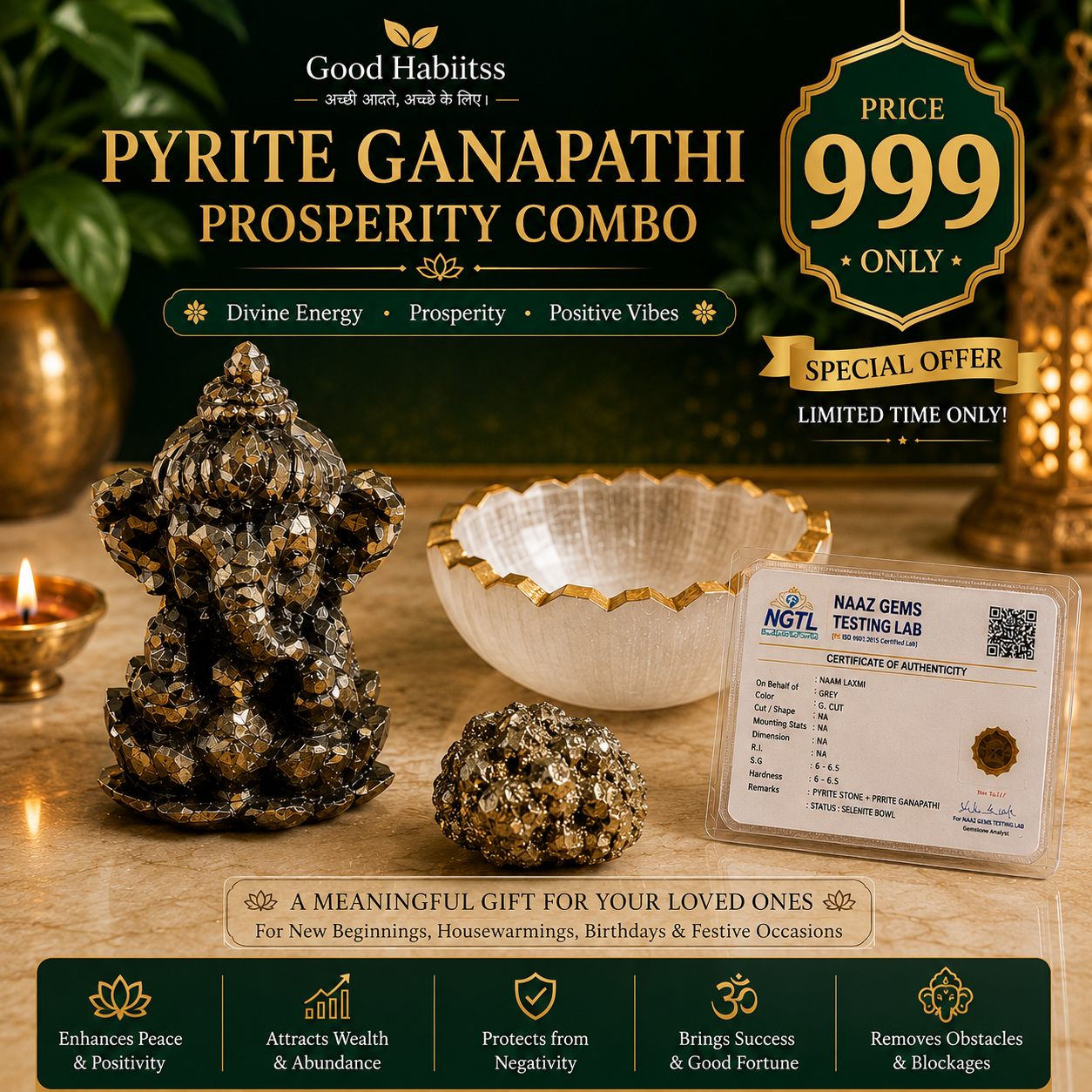 Pyrite Ganapathi Combo – Pyrite Ganesha Statue + Raw Pyrite Stone + Selenite Charging Bowl | Wealth & Abundance Set with Certificate