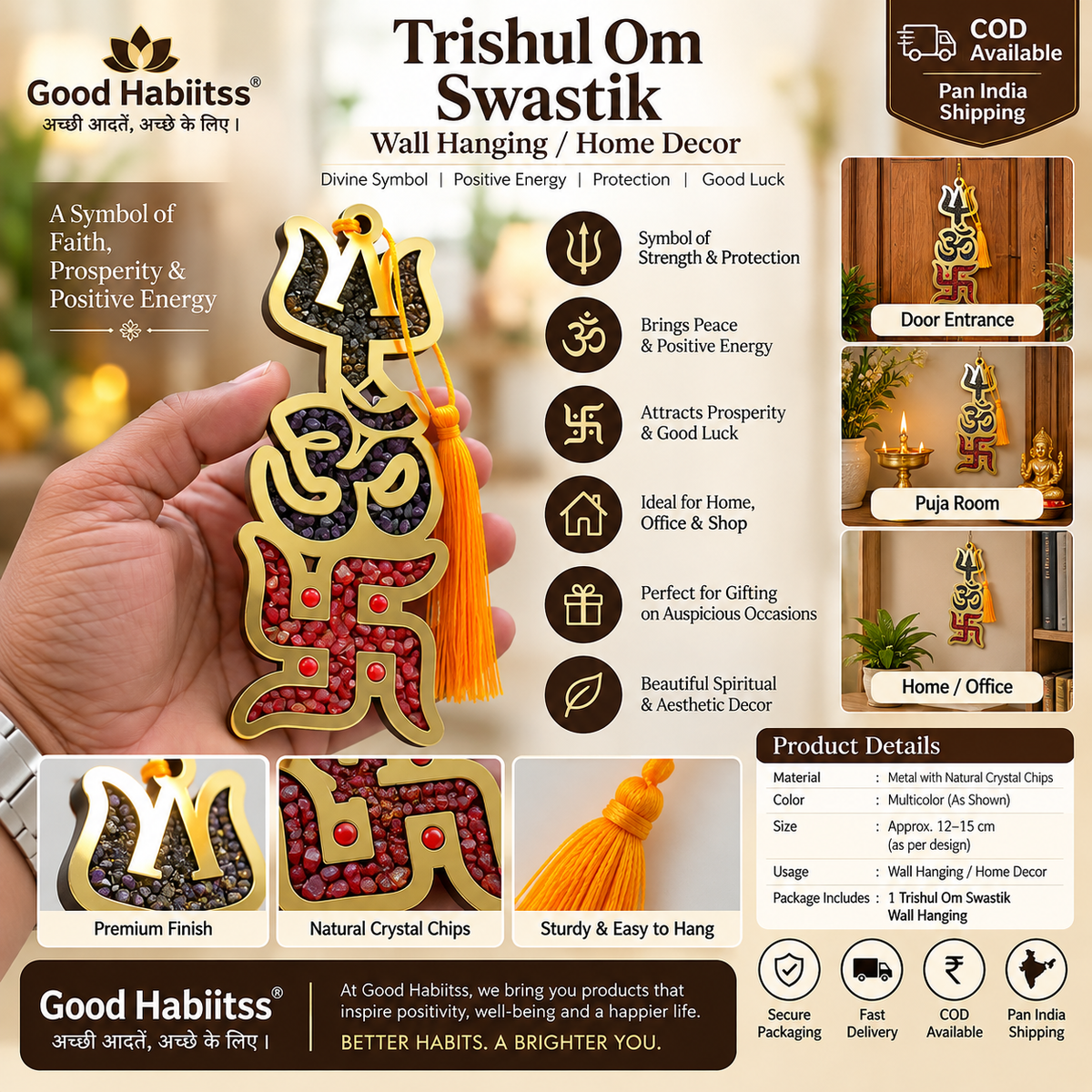 Trishul Om Swastik Crystal Wall Hanging – Traditional Symbol Décor – Good Habiitss