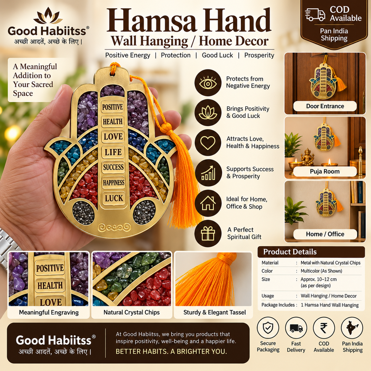 Hamsa Hand Crystal Wall Hanging – Traditional Symbol Décor – Good Habiitss