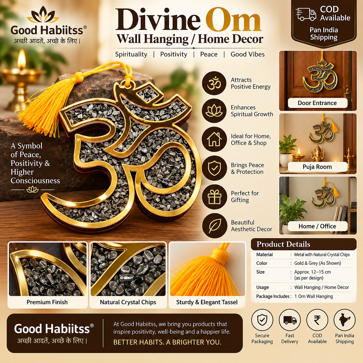 Pyrite Om Wall & Car Hanging – Traditional Symbol Décor – Good Habiitss