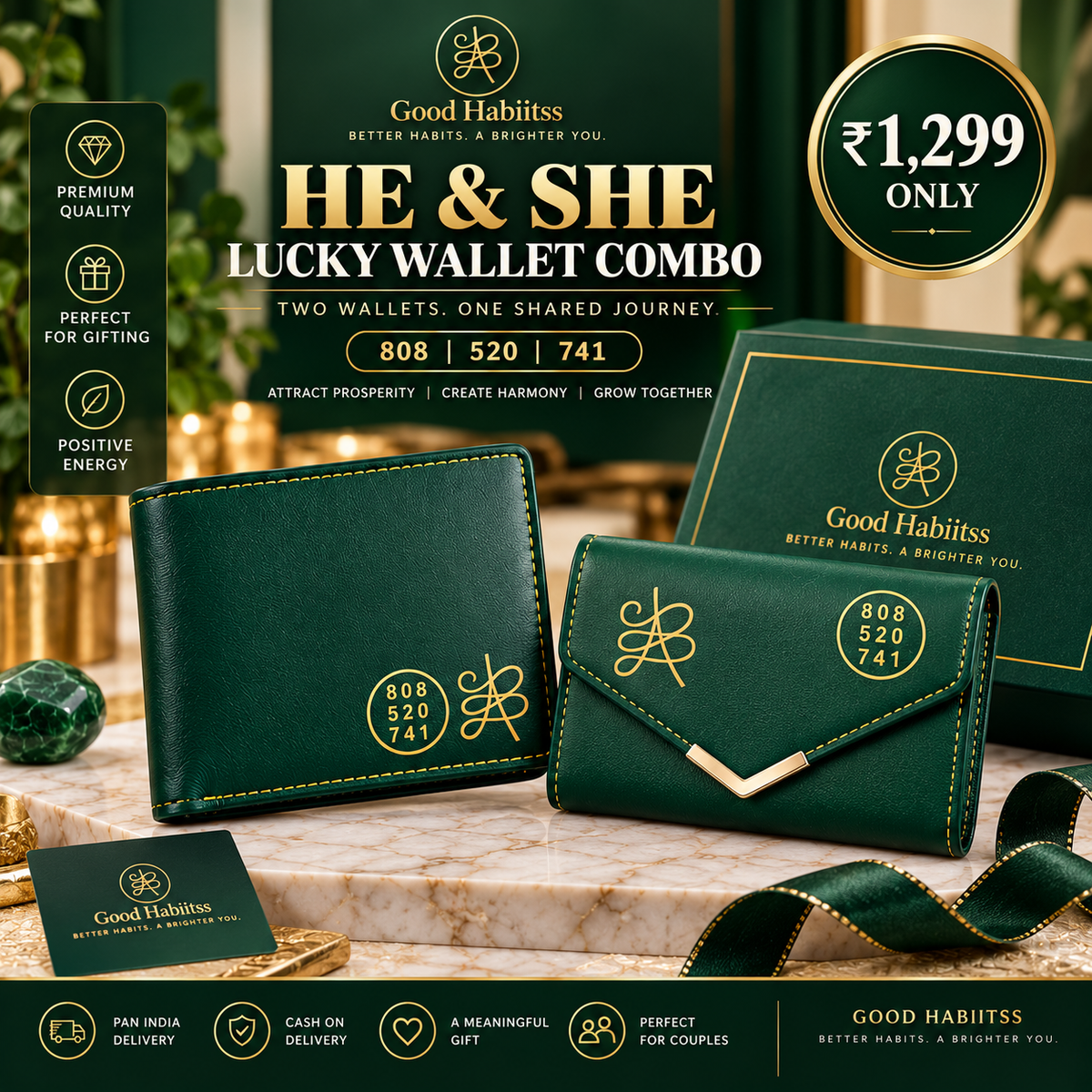 His & Her Green Vegan-Leather Wallet Gift Set – Couple Accessories – Good Habiitss