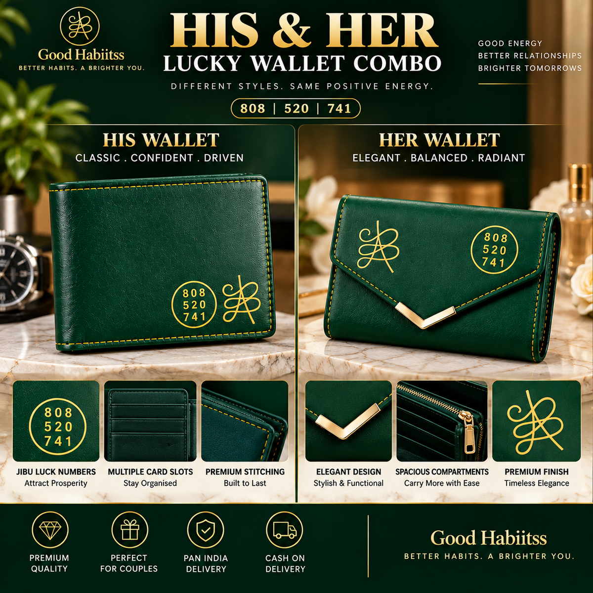 His & Her Green Vegan-Leather Wallet Gift Set – Couple Accessories – Good Habiitss