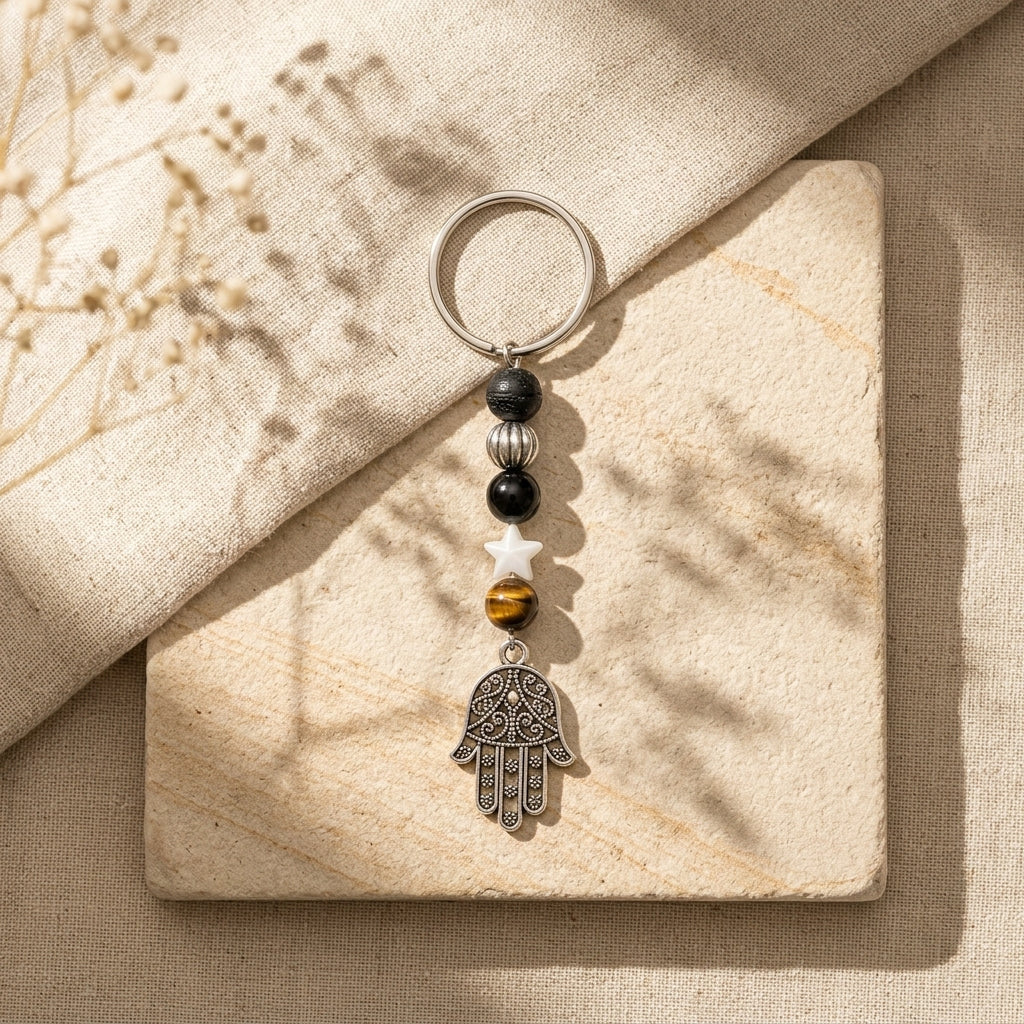 Protection Shield Keychain – Black Tourmaline & Hamsa-Inspired Accessory – Good Habiitss
